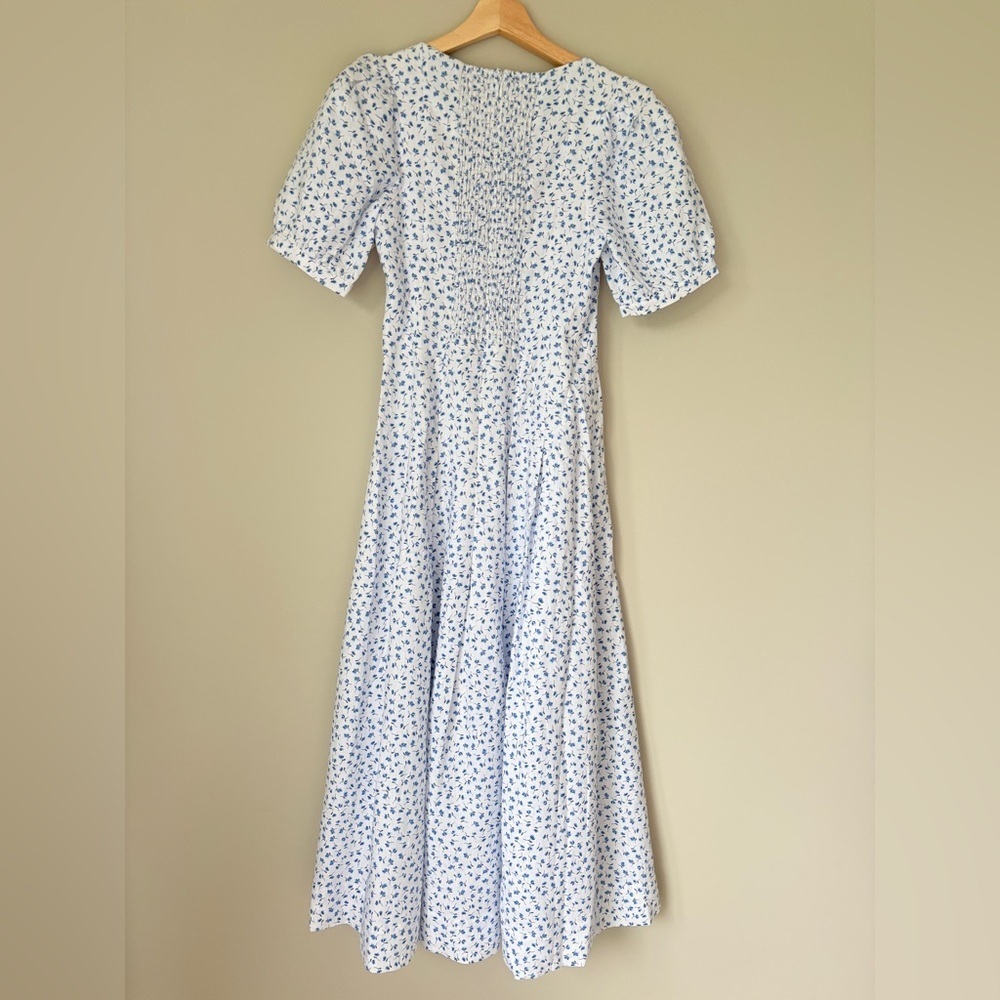 NEW Reformation Coucou Midi Linen Dress Hanna White Blue Floral | US 4 UK 8 - Picture 13 of 16